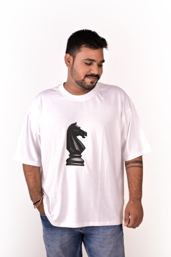 DSC_5660 copy Men’s White Oversized T-Shirt with Black Chess Knight Print