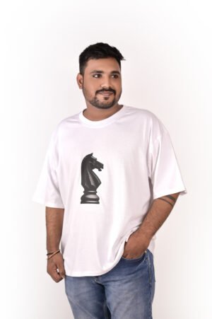 DSC_5668 copy Men’s White Oversized T-Shirt with Black Chess Knight Print
