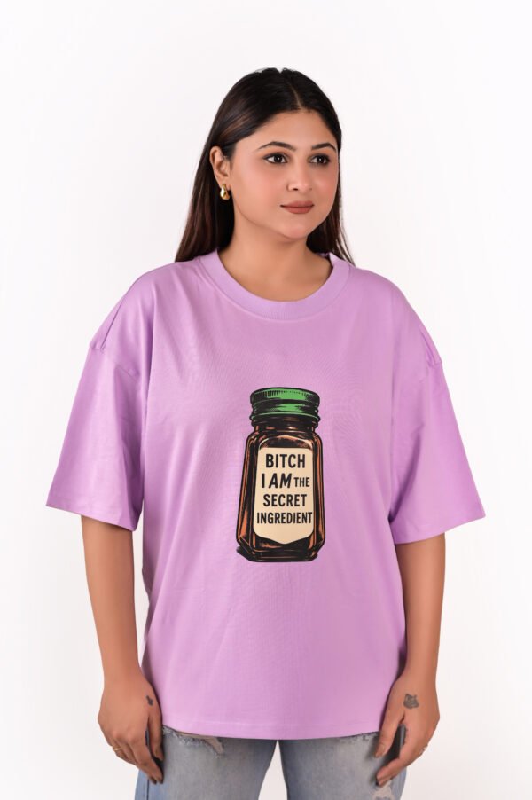 DSC_5832 copy Women’s Oversized Graphic T-Shirt – Lavender “Secret Ingredient” Print