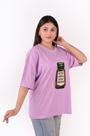 DSC_5839 copy Women’s Oversized Graphic T-Shirt – Lavender “Secret Ingredient” Print