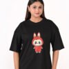 Women’s Oversized Graphic T-Shirt – Black “Red Labubu” Print