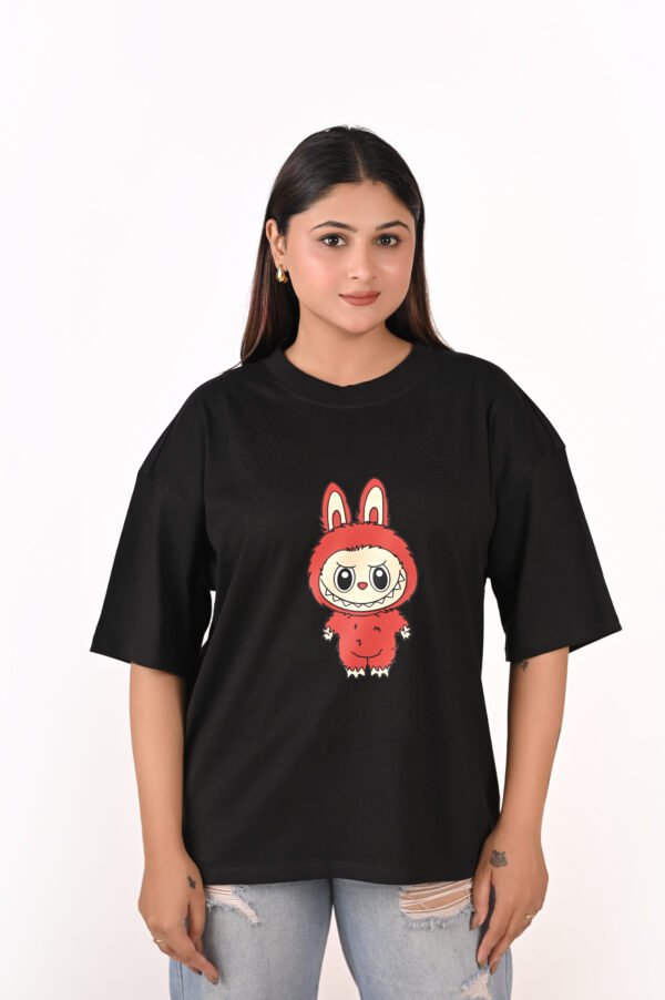 Women’s Oversized Graphic T-Shirt – Black “Red Labubu” Print