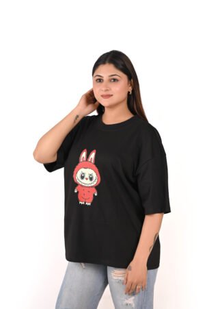 DSC_5886 copy Women’s Oversized Graphic T-Shirt – Black “Red Labubu” Print