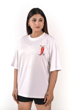 DSC_5911 copy Women’s White Oversized T-Shirt – “Ciao Bella / Chilli Print”