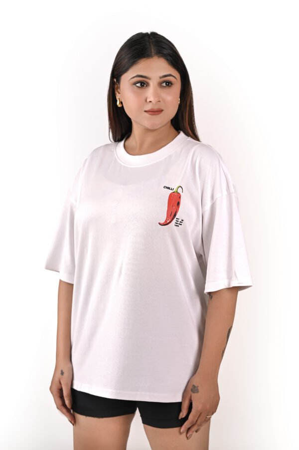 DSC_5911 copy Women’s White Oversized T-Shirt – “Ciao Bella / Chilli Print”