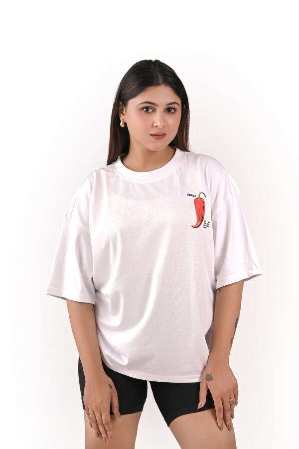 DSC_5912 copy Women’s White Oversized T-Shirt – “Ciao Bella / Chilli Print”