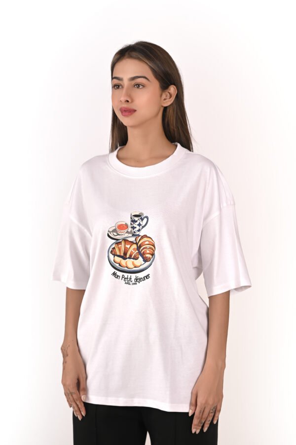 DSC_5935 copy Women’s Oversized White T-Shirt – Mon Petit Déjeuner Print