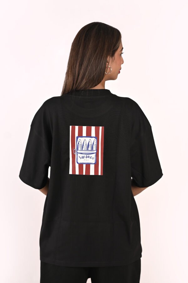 DSC_5960 copy Women’s Oversized Graphic T-Shirt – Black “Sardines” Front & Back Print