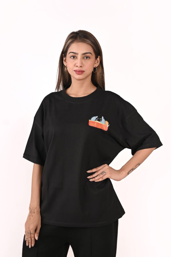 DSC_5965 copy Women’s Oversized Graphic T-Shirt – Black “Sardines” Front & Back Print