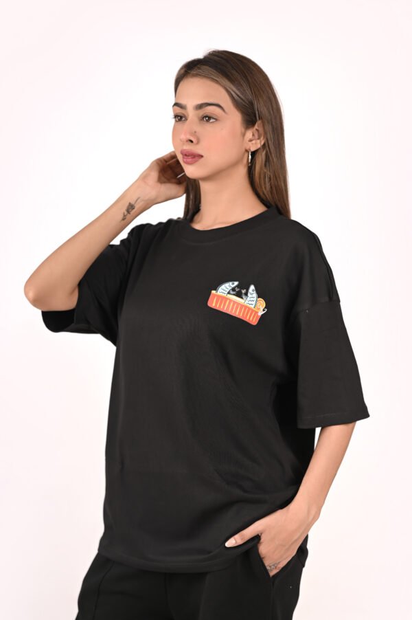 DSC_5974 copy Women’s Oversized Graphic T-Shirt – Black “Sardines” Front & Back Print