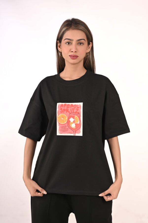 Women’s Oversized Black Graphic T-Shirt – “Aperol Spritz” Print