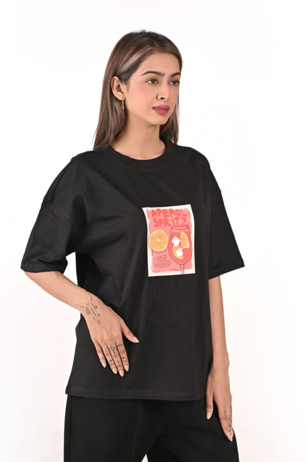 Women’s Oversized Black Graphic T-Shirt – “Aperol Spritz” Print